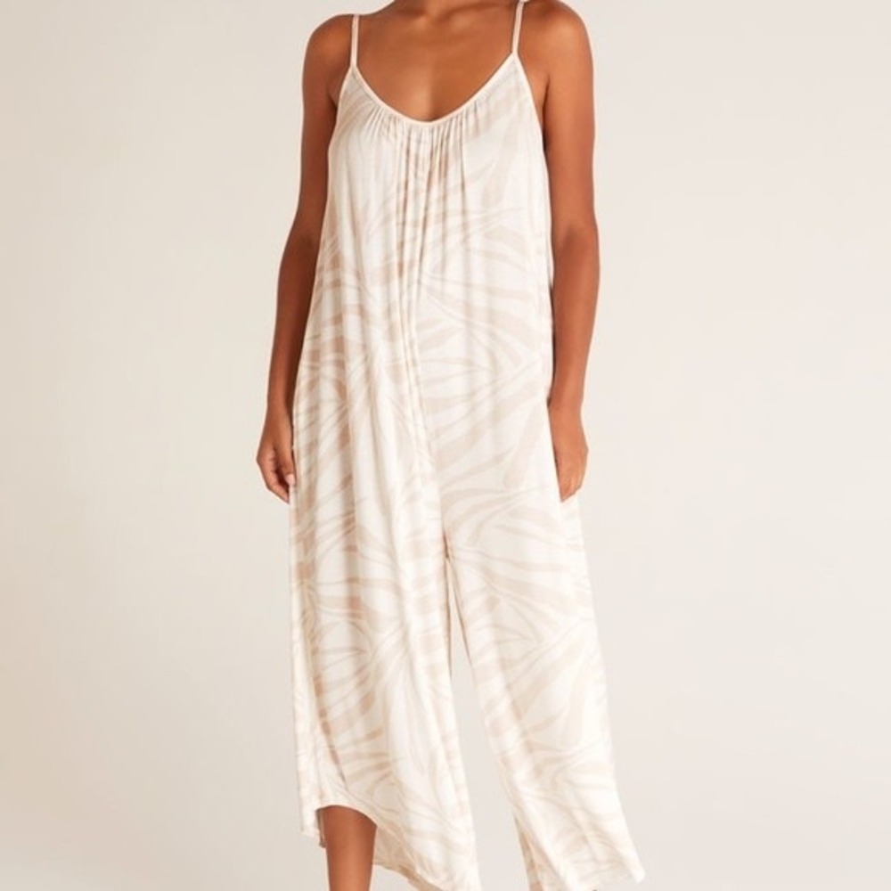 Z Supply Jumpsuit Women XS White Tan Tropical Palm Wide Leg ZP211924S